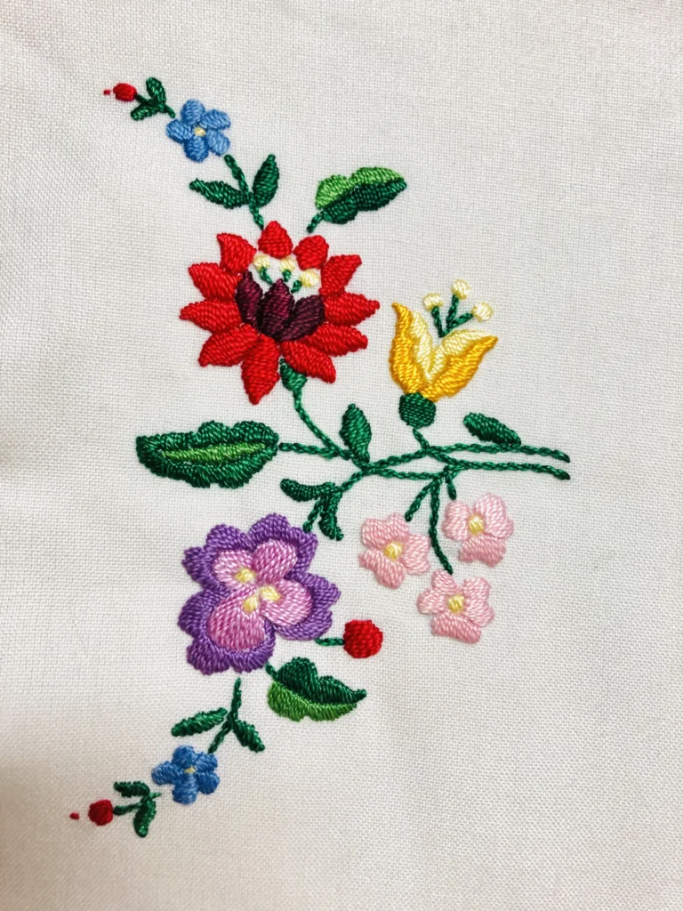 Színes kalocsai virágmotívumos hímzés fehér textilen